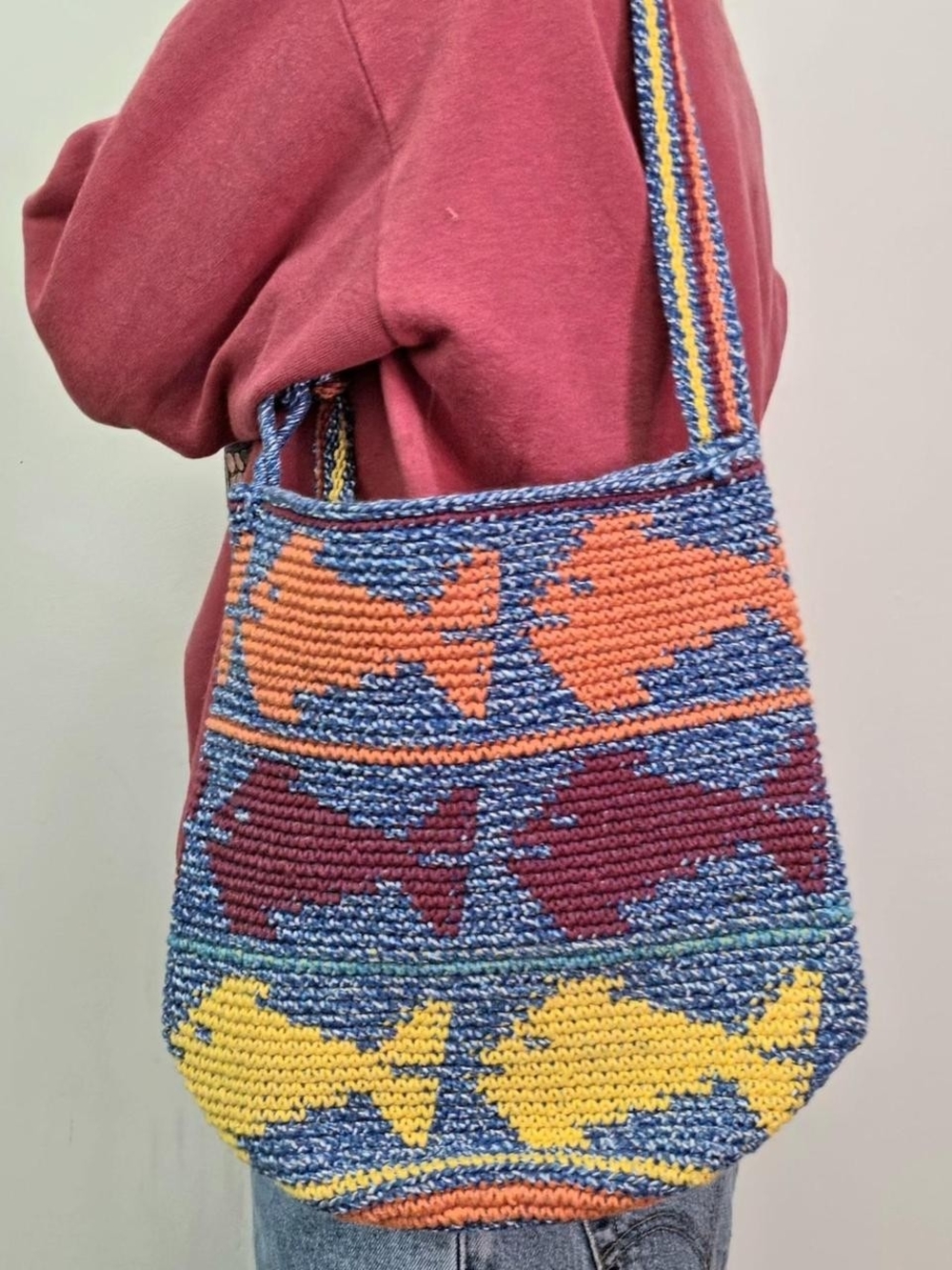 Handmade crochet style fish print bag